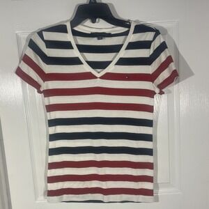 Tommy Hilfiger Women's Size PM Striped V-Neck T-Shirt Red White Navy Cotton